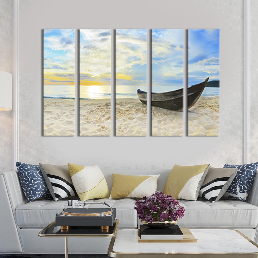 Модульная картина из 5 частей на холсте Рыбацкая лодка на песчаном берегу 87x50 см (413-51)