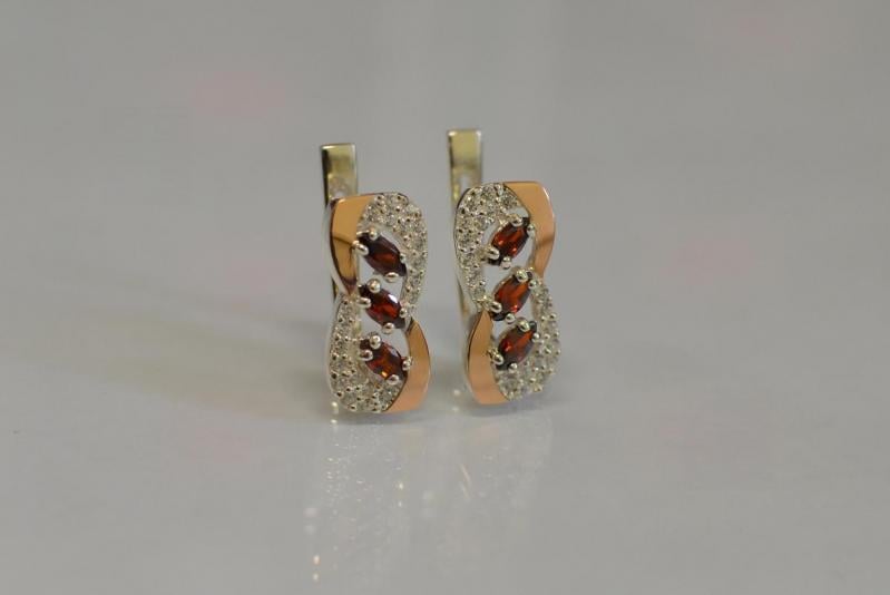 Серебряные серьги Sil с золотыми пластинами 120s-4 Гранат (Sil-802)