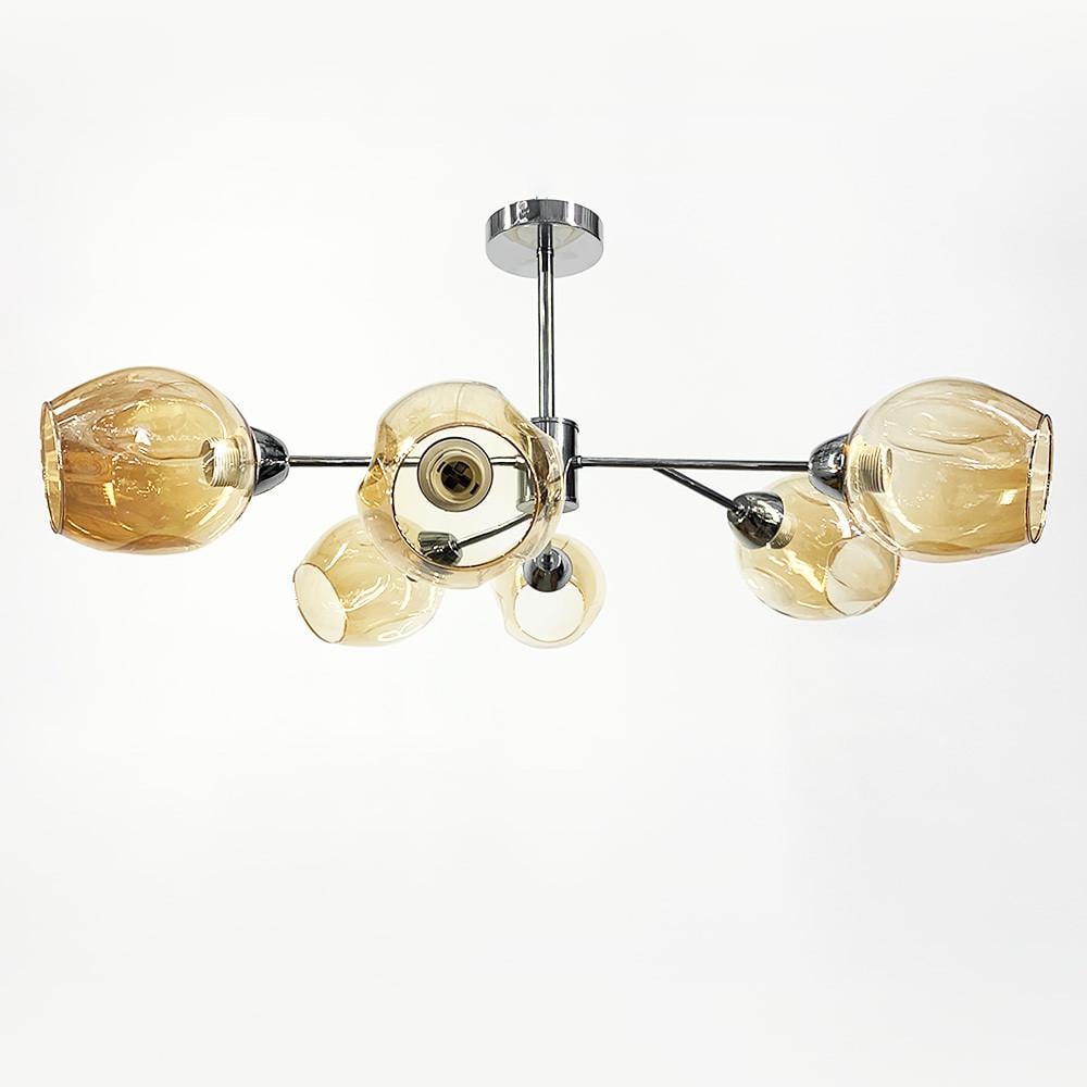 Люстра стельова на 6 бурштинових плафонів Хром (S 1797/6 CH+BR)
