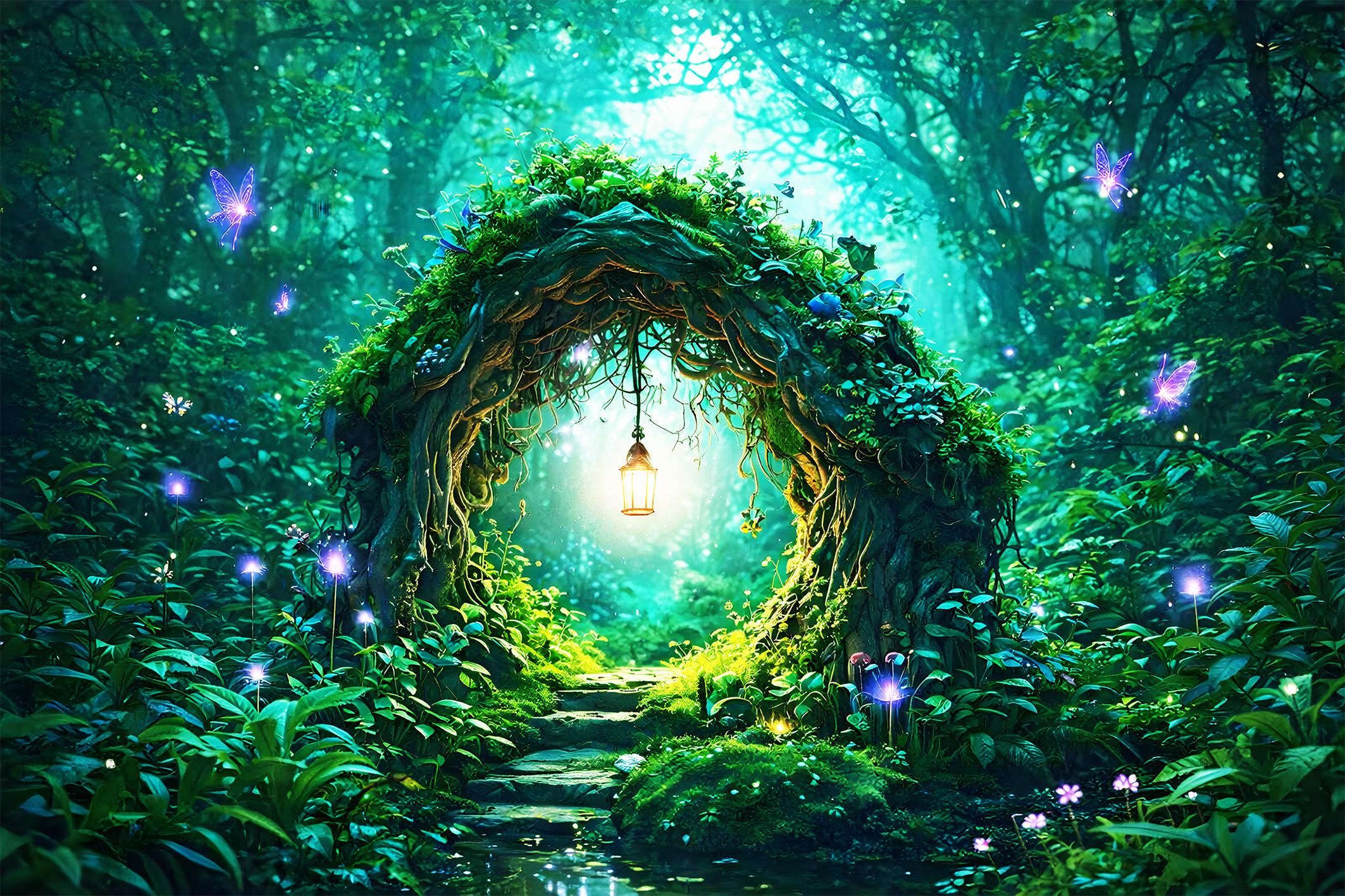 Фотообои флизелиновые Upstream Сказочный лес Таинственная арка со светом 368х245 см (S5KID-110/7)