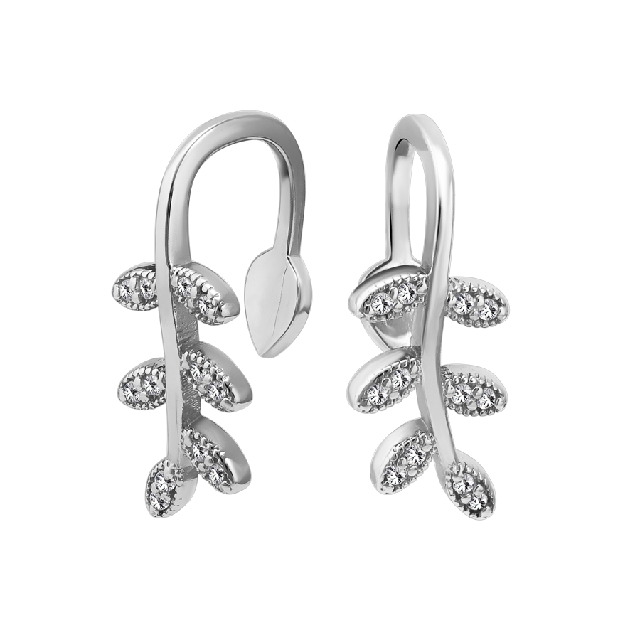 Серебряные серьги-кафы тонкие веточки с мелкими белыми фианитами