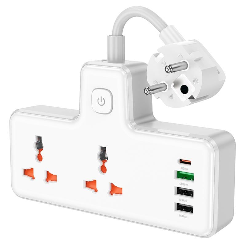 Подовжувач мережевий Hoco AC12A 3USB/Type-C PD/QC 30W/10A 3xUSB White (589583)