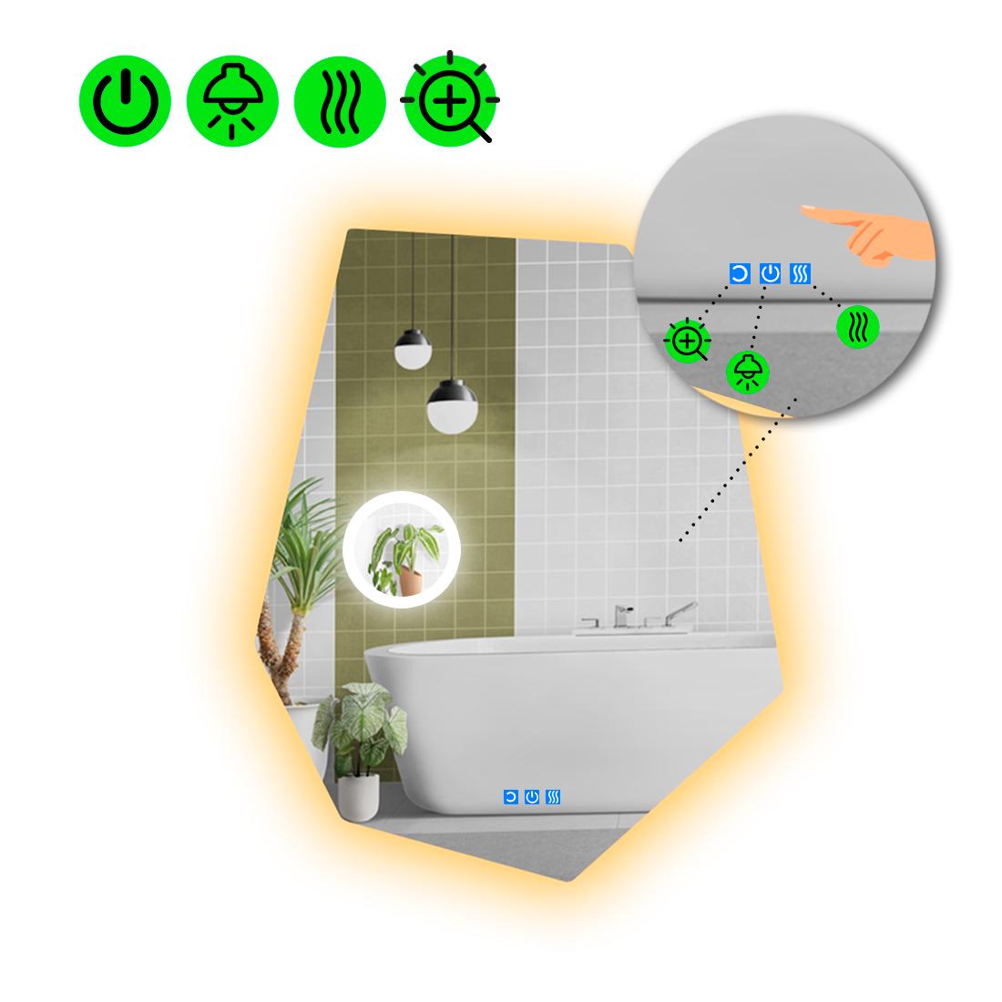 Зеркало с LED подсветкой Montagna 2 с тремя сенсорами/подогревом и линзой с подсветкой 140x105 см (Montagna2-103)