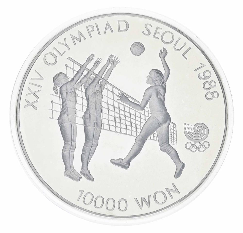 Коллекционная монета Южная Корея 10000 вон 1987 Серебро Proof XXIV летние Олимпийские игры в р. Сеул 1988-Волейбол (М23338)
