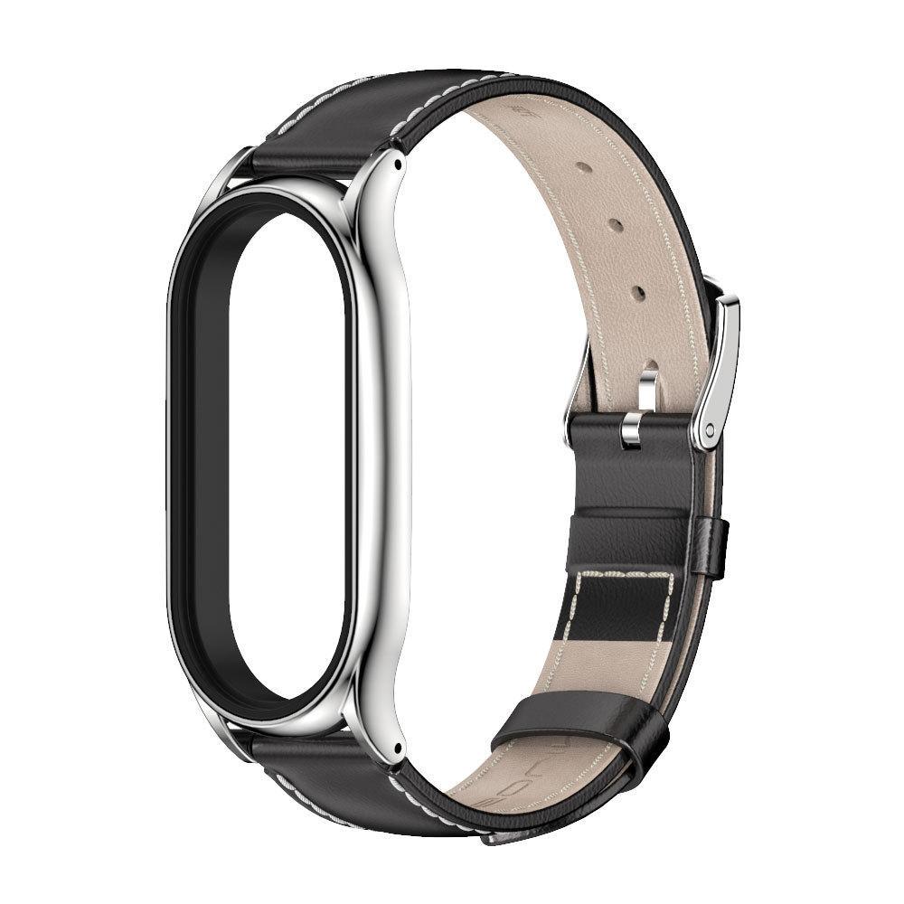 Ремешок для смарт-браслетов MiJobs Plus кожаный для Xiaomi Mi Band 5/4/3 Черный/Серебряный (1573P)