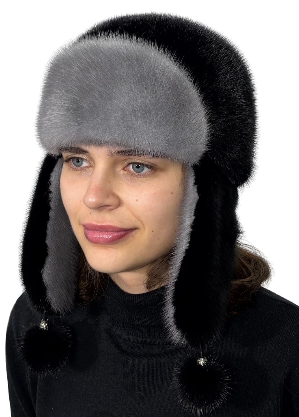 Шапка женская Меховой стиль Ушанка из натурального меха норки Черный с сапфиром (058/M)
