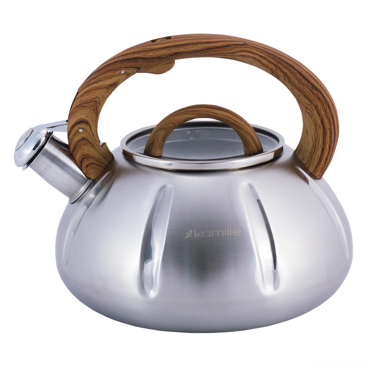 Чайник Kamille Vizo из нержавеющей стали со свистком с ручкой под дерево 3 л. Серебристый (27198334) Чайник Kamille Vizo из нержавеющей стали со свистком с ручкой под дерево 3 л. Серебристый (27198334)