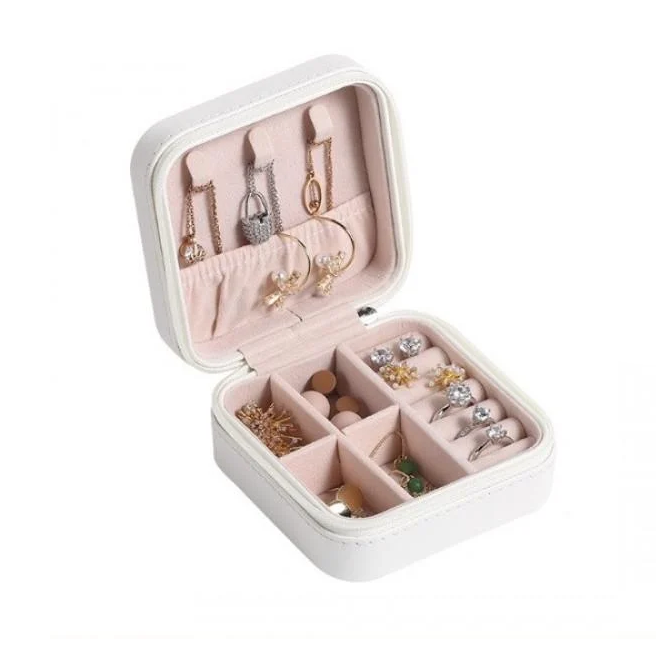 Шкатулка для украшений компактная из экокожи на молнии 10х10х5 см Белый (ШДД-5-1)