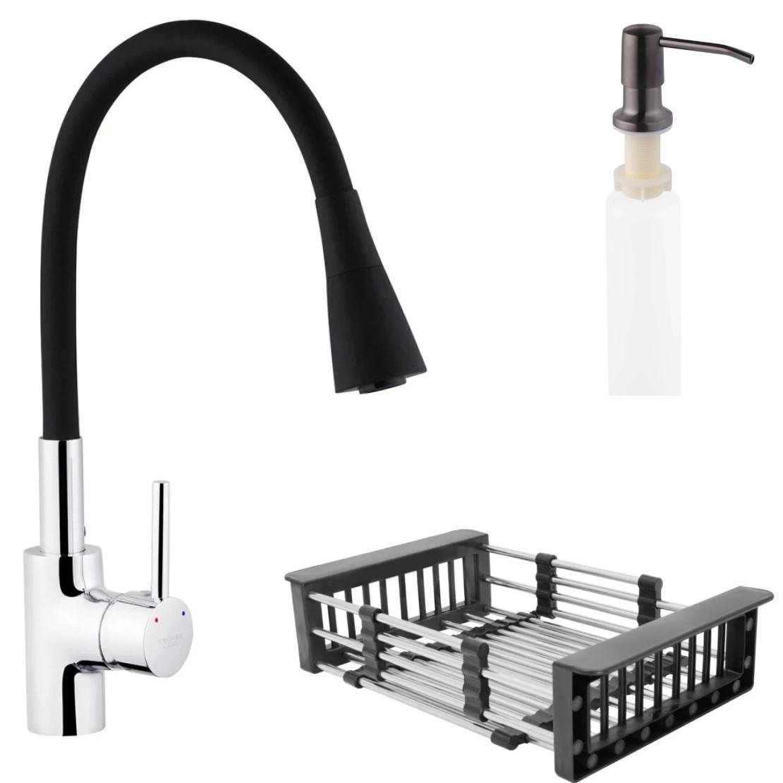 Смеситель для кухни Kroner KRP Kuche-C031BLK гибкий Черный/корзина и дозатор