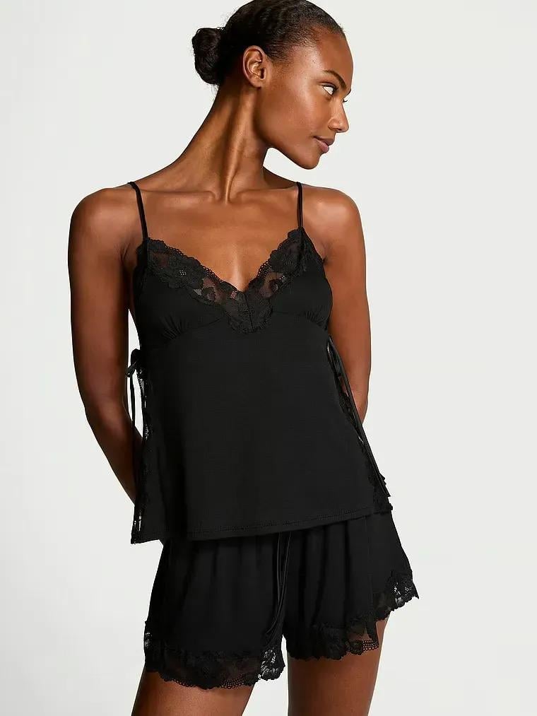 Піжама майка/шорти Victoria's Secret Ribbed Modal & Lace Cami Shorts Set M Чорний (26935529)
