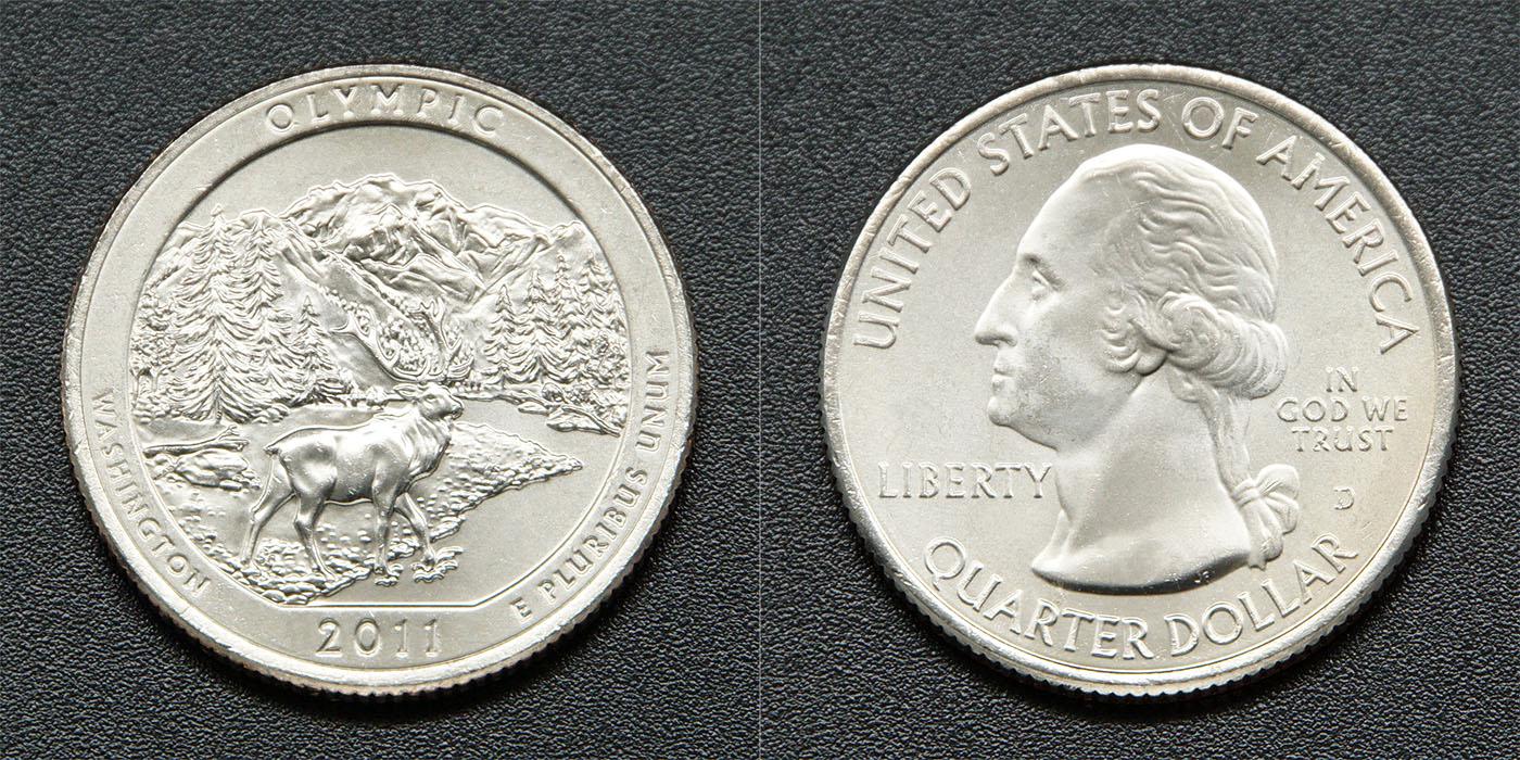 Коллекционная монета США 2011 25 центов Олимпик Вашингтон D а UNC