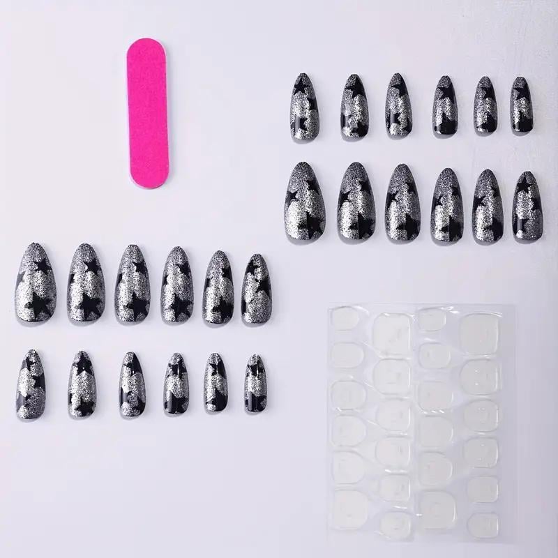 Накладні нігті Чорний Зірки мигдаль середньої довжини із клейовими пластинами 24 шт. Сріблястий (2789190679) - фото 3 Накладні нігті Чорний Зірки мигдаль середньої довжини із клейовими пластинами 24 шт. Сріблястий (2789190679) - фото 3
