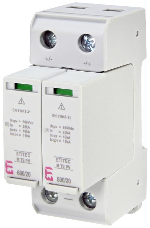 Обмежувач перенапруги ETI ETITEC M T2 PV 2P 40кА 600 В Клас 2 С для сонячних панелей PV систем (2440620)