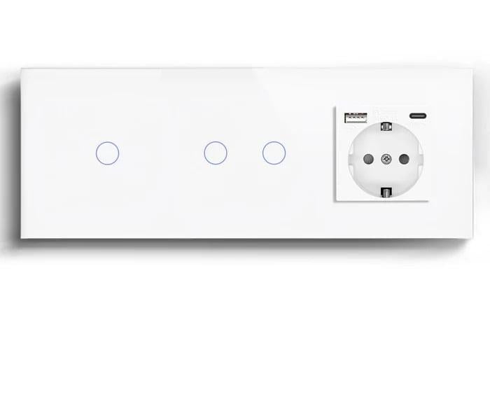 Выключатель умный LUXION проходной/сенсорный 3 сенсора 1-2 с розеткой USB A+C 20Вт с заземлением стекло Белый