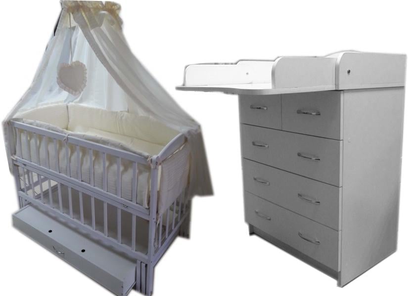 Комплект Baby Малюк 3+2 комод и кроватка-маятник без ящика с матрасом и постельным набором Белый