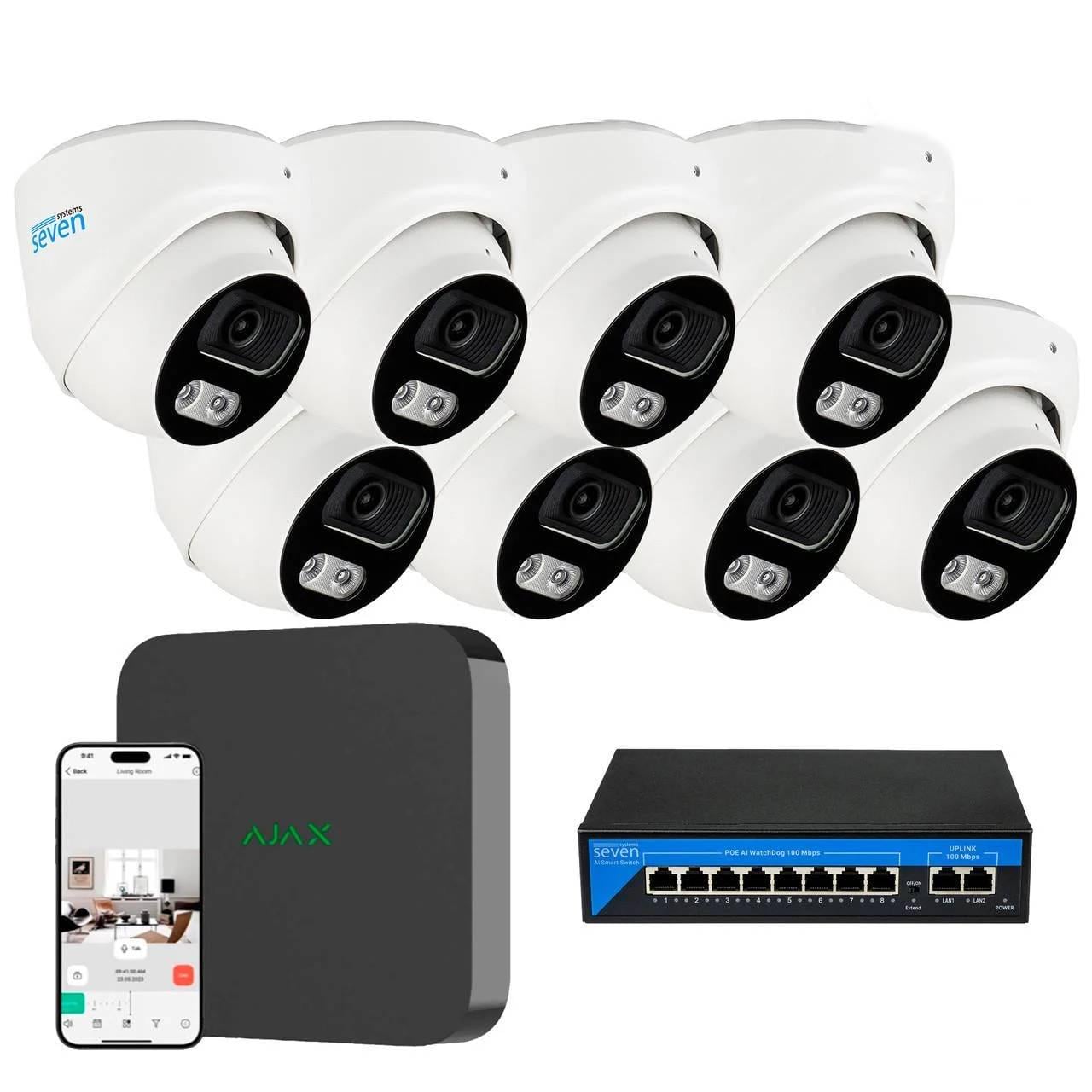 Комплект IP-видеонаблюдения AJAX AX-IP3618OW-2MP на 8 купольных 2 Мп IP-камер