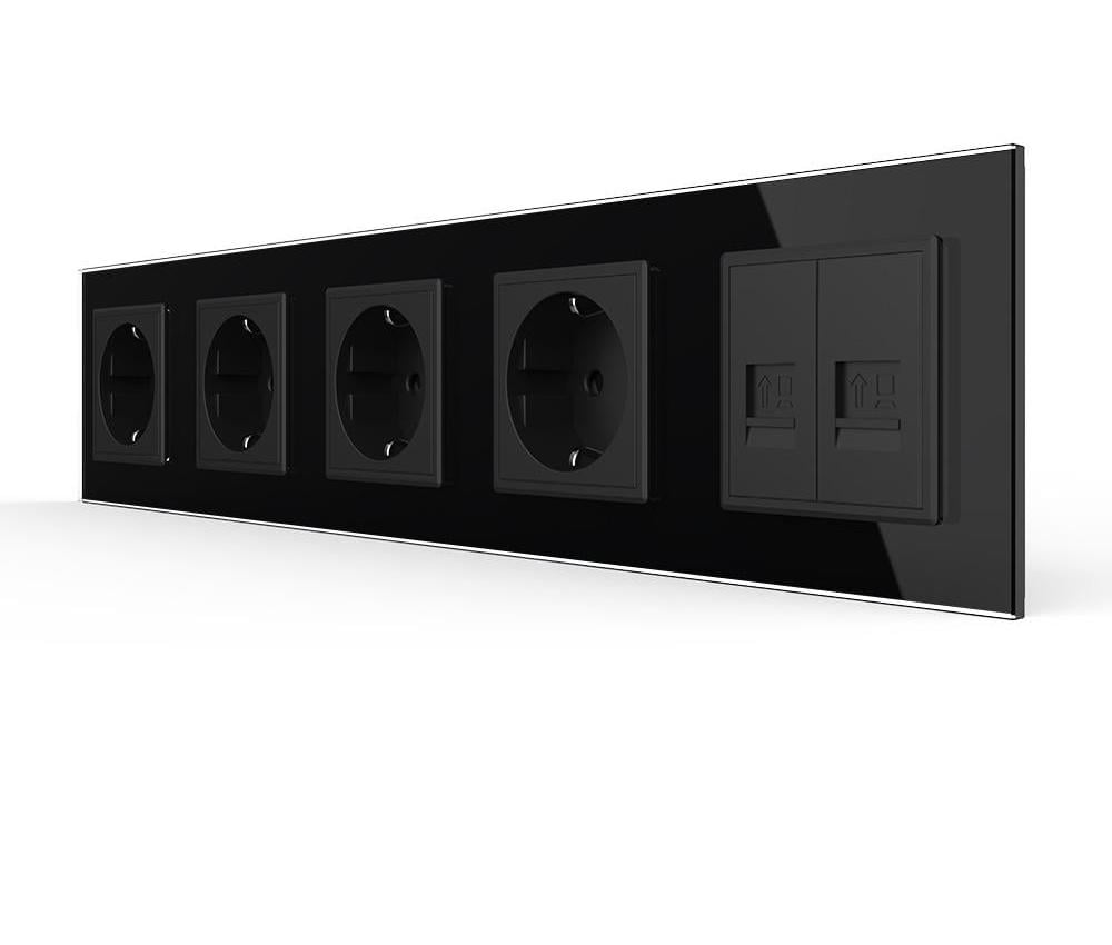 Розетка пятиместная LIVOLO 2хRJ-45 настенная дизайнерская стеклянная рамка Черный (VL-C7FCTC16A/FCCP/FCCP-10BP)