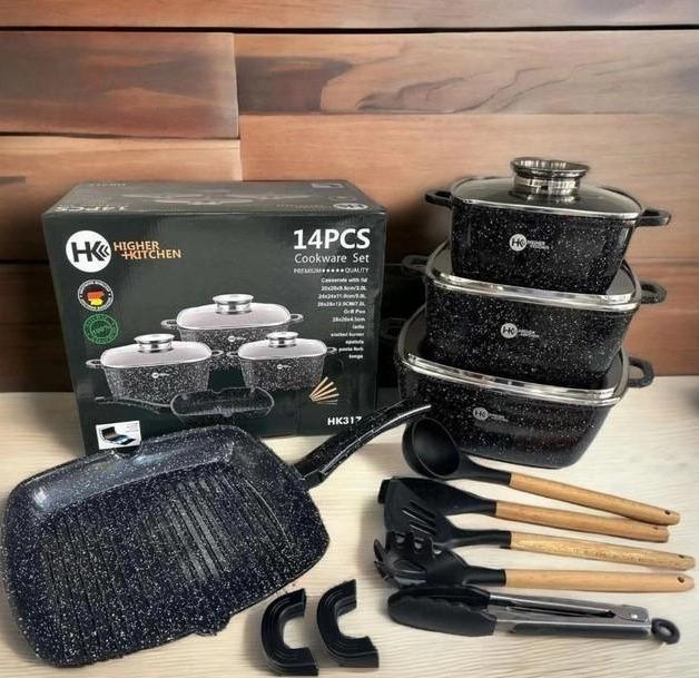 Набір посуду Higher Kitchen HK-317 із гранітним антипригарним покриттям 14 предметів Чорний (317АА) - фото 2 Набір посуду Higher Kitchen HK-317 із гранітним антипригарним покриттям 14 предметів Чорний (317АА) - фото 2
