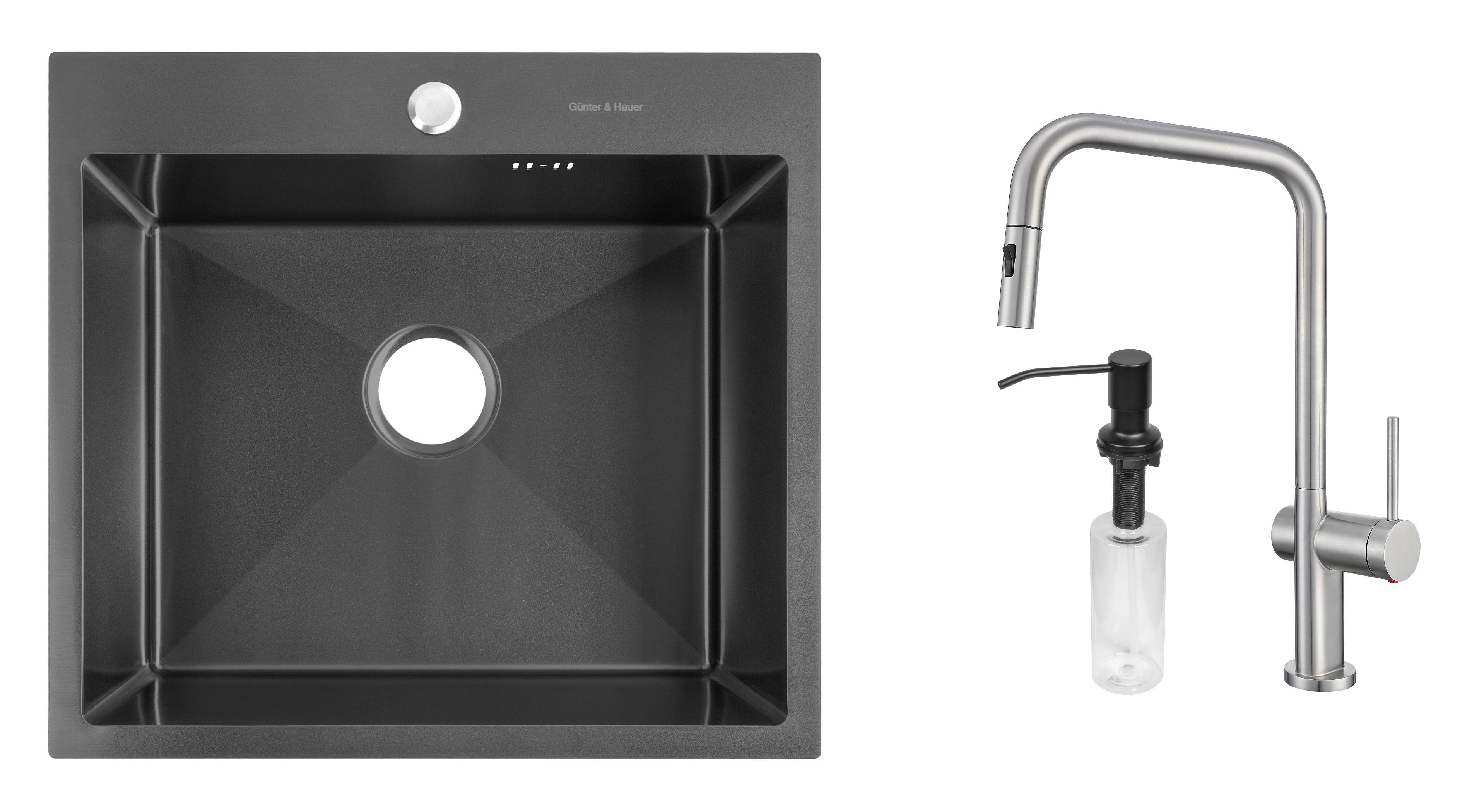 Комплект из кухонной мойки Gunter&Hauer Mindel 5522 Black кухонного смесителя Gunter&Hauer BRUNNEN Br и дозатора Gunter&Hauer SOAP DISPENSER Black