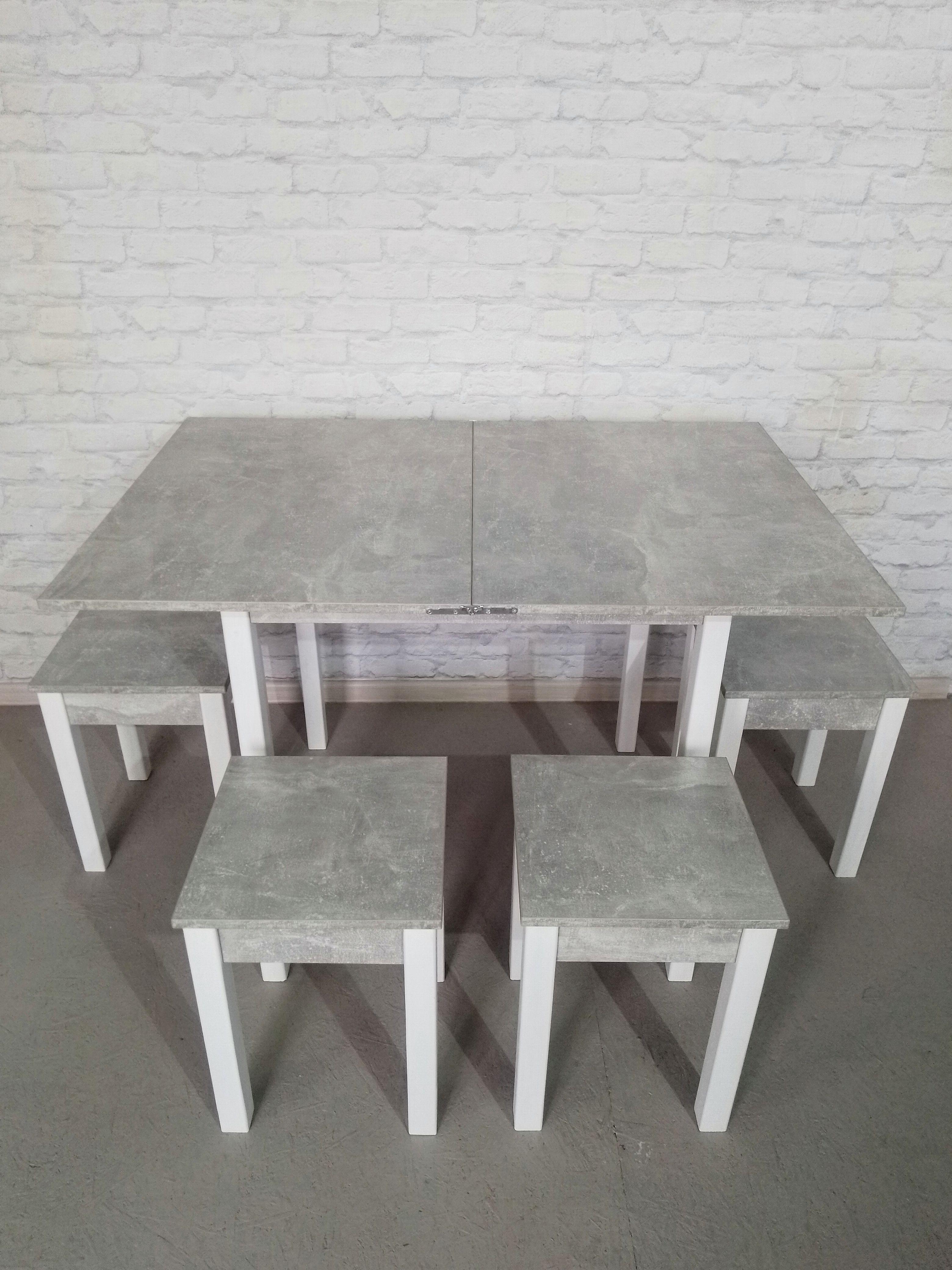 Обеденный стол раскладной и 4 табурета Вента ножки деревянные 80х60х75 см/34х34х45 см Бетон/Белый (0019) - фото 1 Обеденный стол раскладной и 4 табурета Вента ножки деревянные 80х60х75 см/34х34х45 см Бетон/Белый (0019) - фото 1