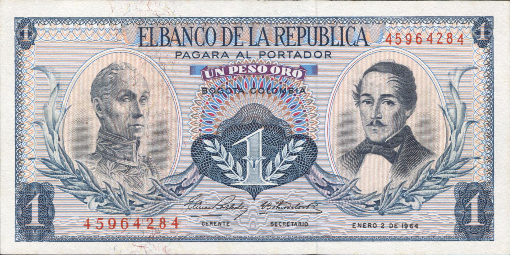 Коллекционная банкнота Колумбия 1964 1 песо P404b UNC Коллекционная банкнота Колумбия 1964 1 песо P404b UNC