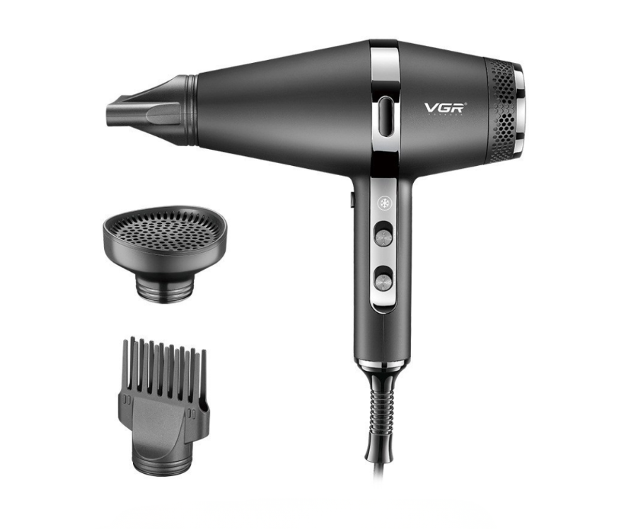 Фен з дифузором та концентратором VGR V-451 з холодним повітрям та іонізацією 3 насадки 2000 Вт Чорний (HPV451)