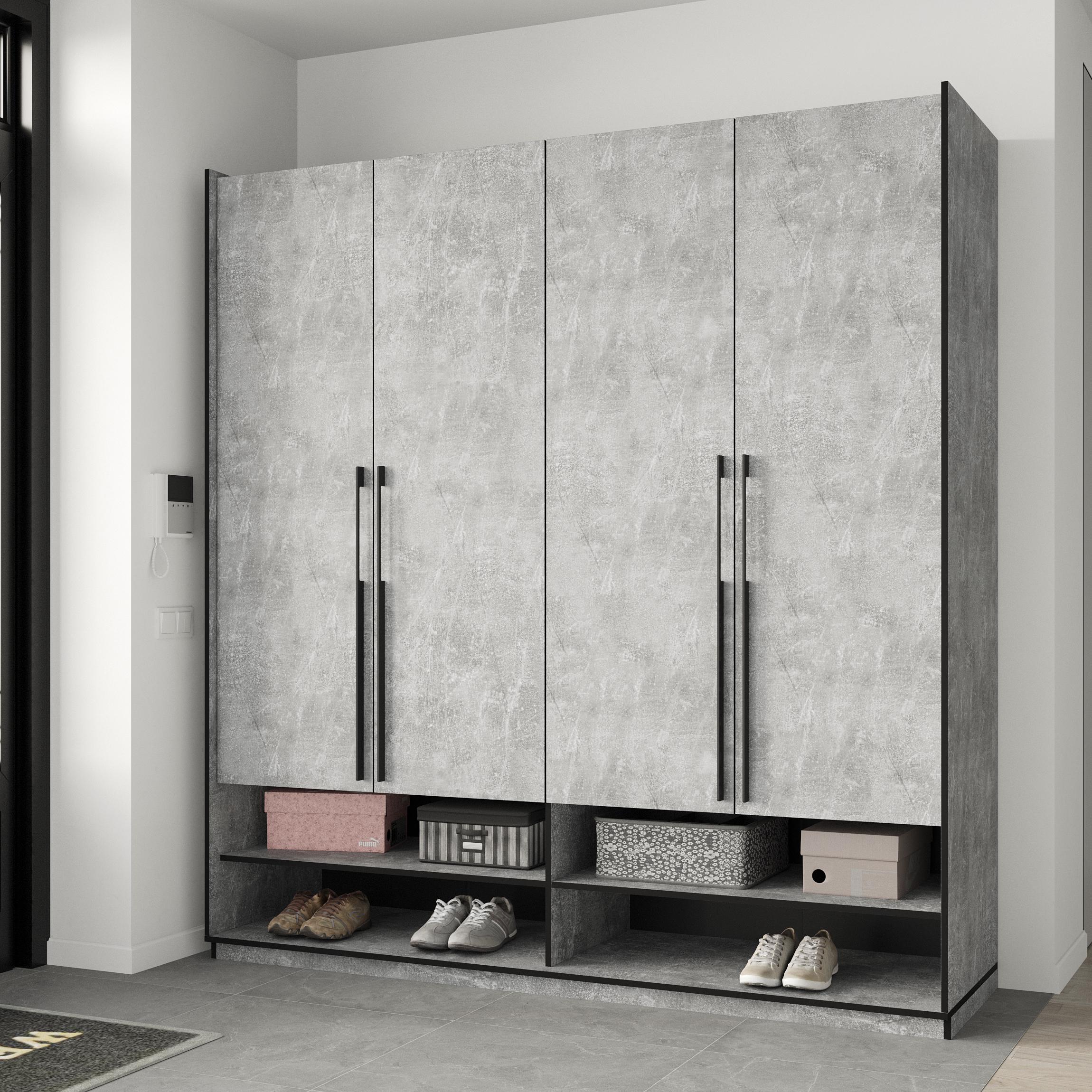 Шафа в передпокій розпашна чотиридверна зі штангою для одягу та 11 полицями 1969х2100х570 мм Бетон (mr-9-bt)