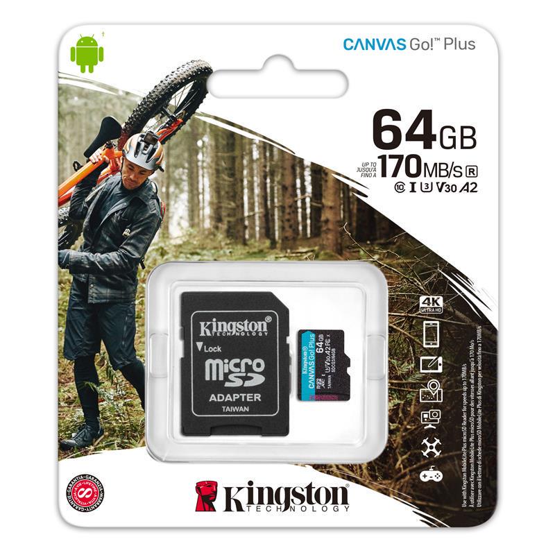 Карта памяти Kingston microSDXC 64 GB Canvas Go Plus 170R A2 U3 V30 с SD-адаптером (ERC-SDCG3/64GB) - фото 3