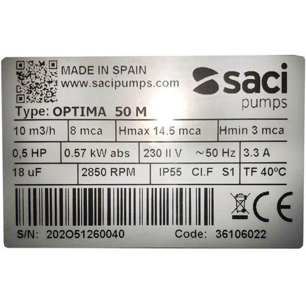 Насос для бассейна Saci Optima 50M 10 м3/час 0,33 кВт 230 В (10017) - фото 5