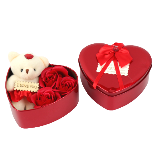 Мыльные розы с игрушкой в подарочной коробке сердечко (EPC-10379)