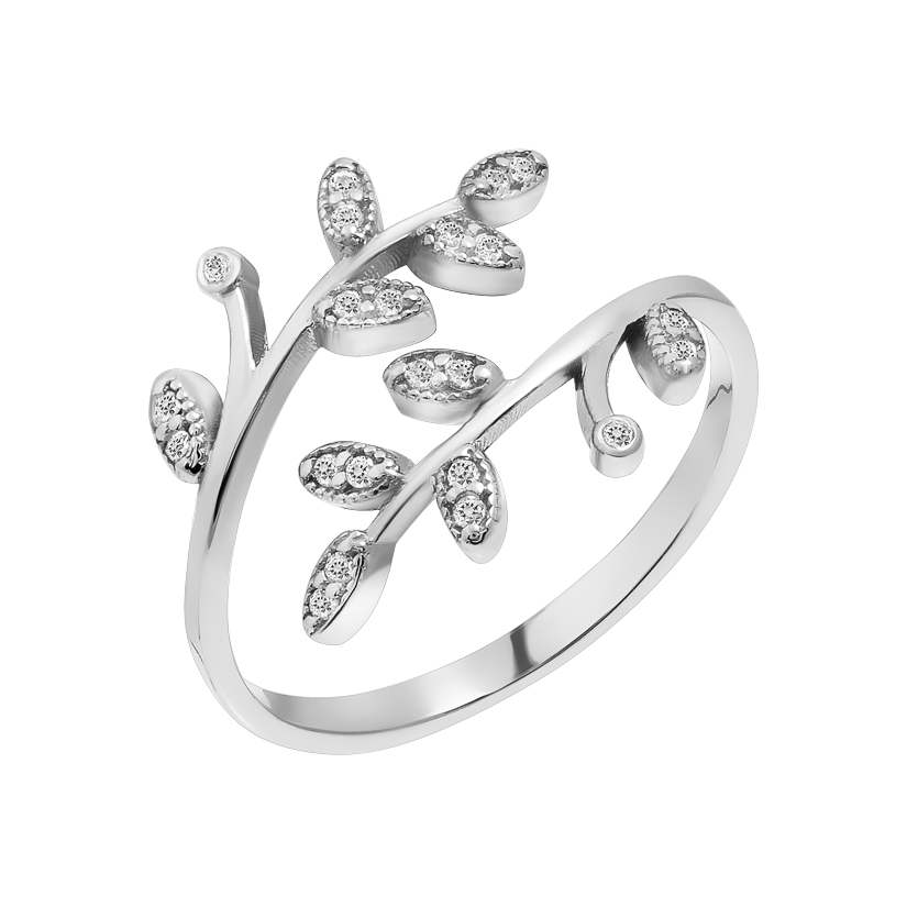 Кольцо серебряное Веточка незамкнутый дизайн с мерцающими белыми фианитами р. 18