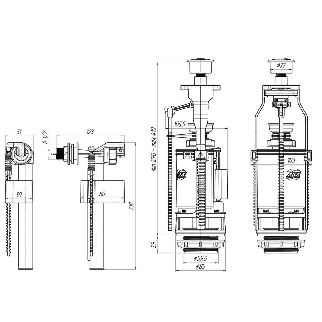 Комплект механизма бачка унитаза Kronoplast BK2R1110 с двойным сливом 1/2" с боковой подводкой. - фото 2