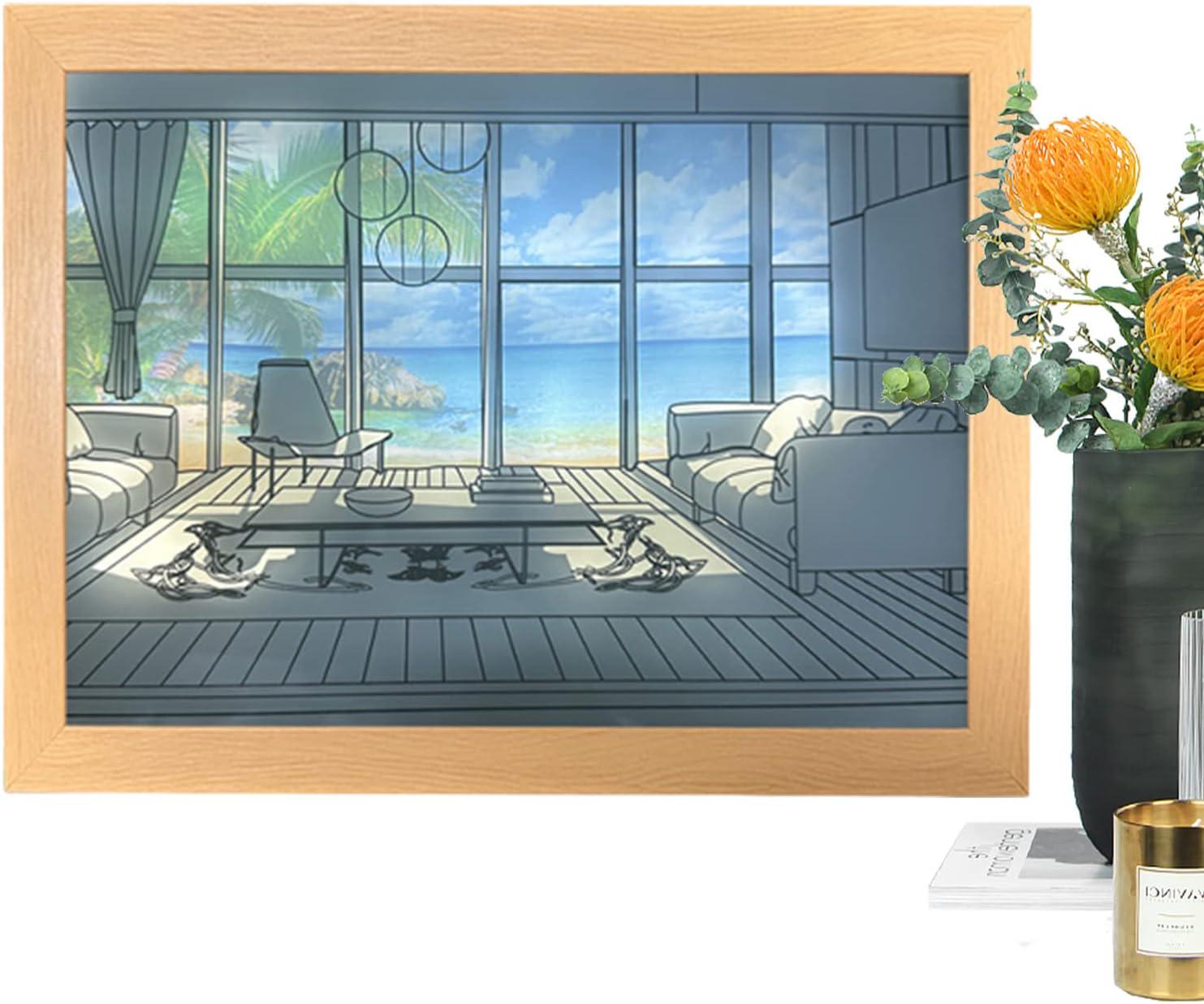 Ночник Led с пейзажем моря и пальмами деревянная рамка 3 режима - фото 5