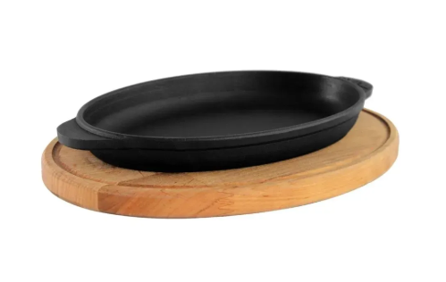 Сковорода чавунна Brizoll порційна овальна HoReCa з дерев'яною овальною підставкою 220х140 мм (H2214-D)