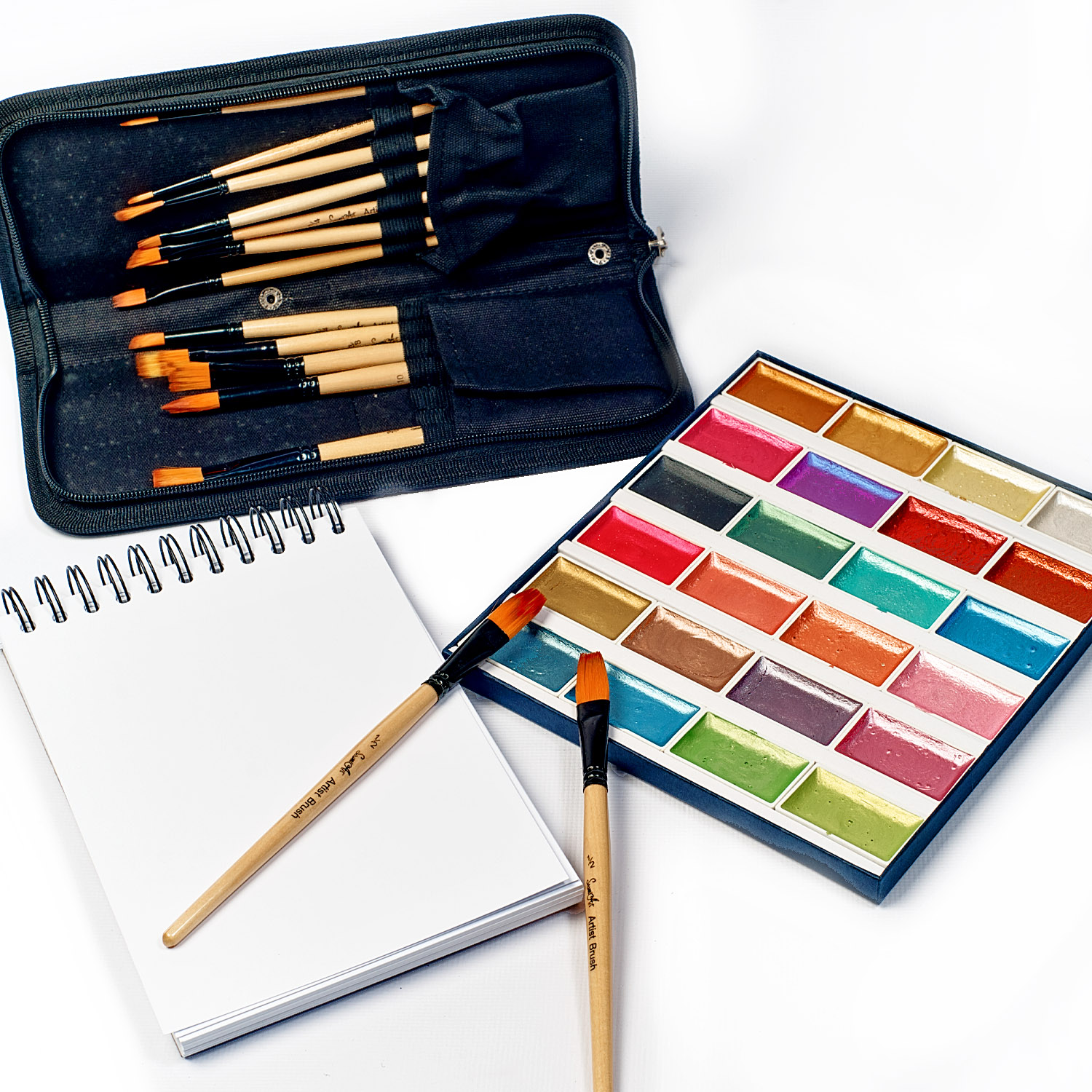 Набор акварельных красок + набор кистей 14 шт + скетчбук для рисования