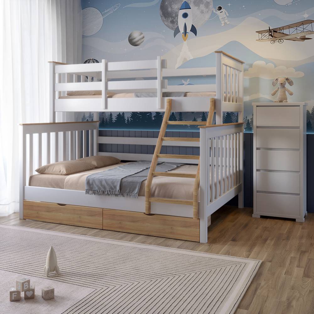 Кровать двухъярусная деревянная Mebigrand Скандинавия с ящиками 140-90x200 см RAL9003 Белый/Орех светлый (MBG-2244)