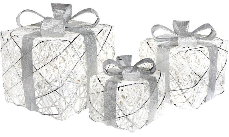Набор декоративных подарков с LED подсветкой 3 шт. 15х20/20х25/25х30 см Белый с серебром