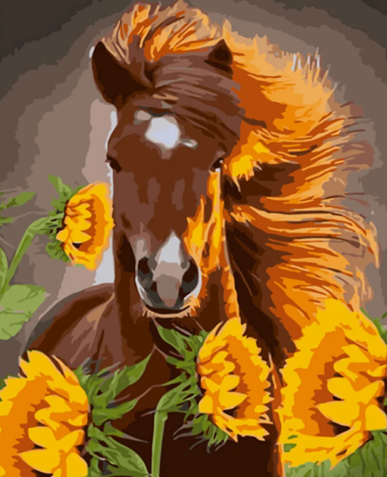 Картина за номерами Strateg Кінь серед соняшників 40x50 см (GS975)