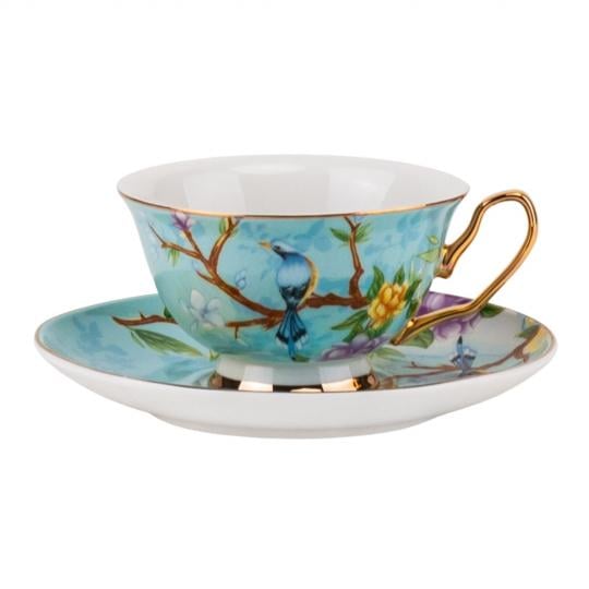 Кружка с блюдцем и ложкой Elisey Spring Birds из керамики 200 мл Голубой с белым (135-81-9217-004.1)