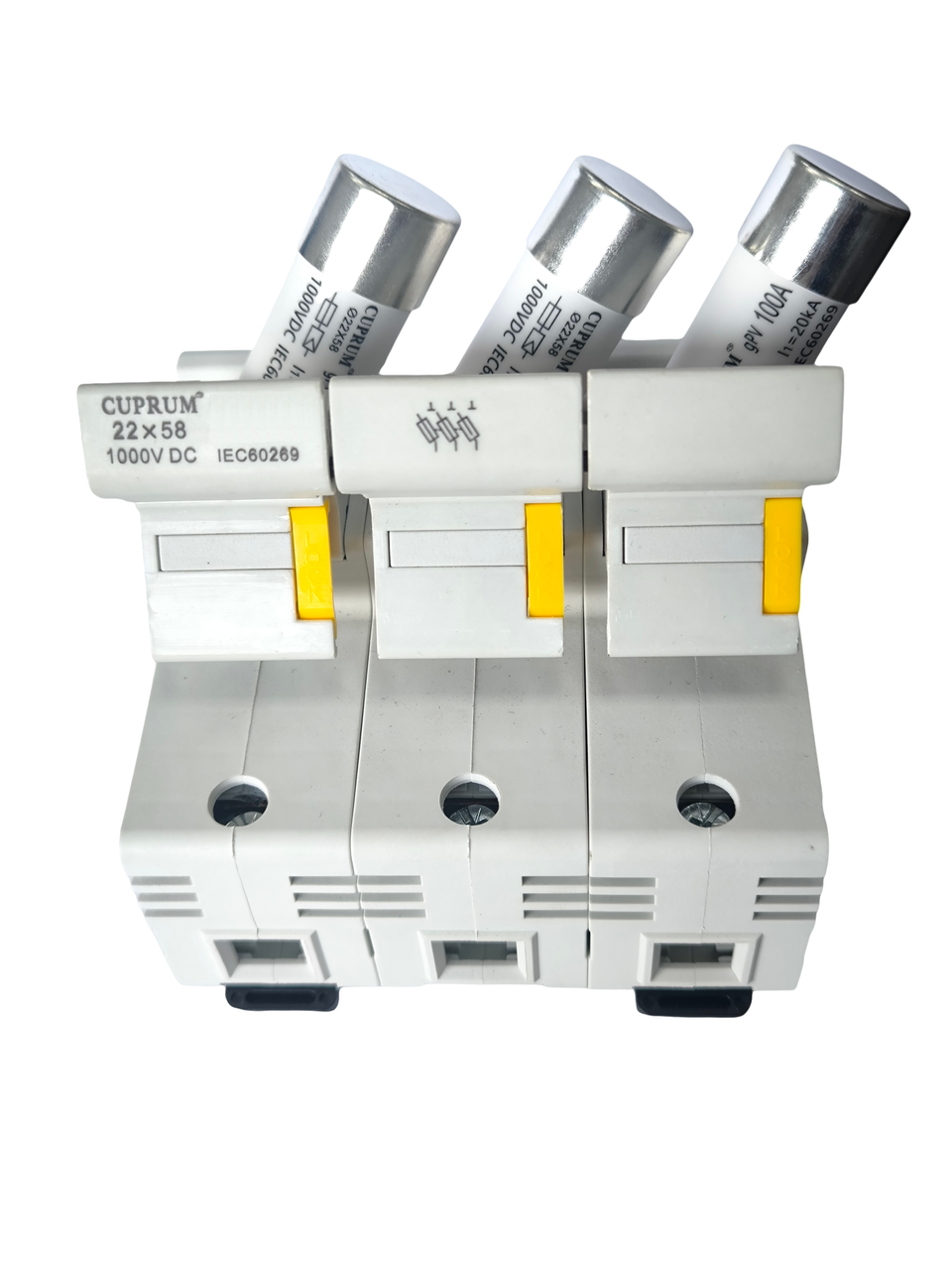 Держатель предохранителя 40А 1000V 3p DC2258 с предохранителями RT18 (cu22580403) Держатель предохранителя 40А 1000V 3p DC2258 с предохранителями RT18 (cu22580403)