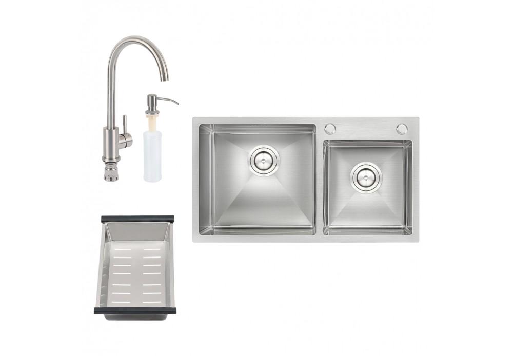 Набор 4в1 кухонная мойка Q-tap S7843 2,7/1 мм Satin со смесителем и сушилкой + дозатор для моющего средства
