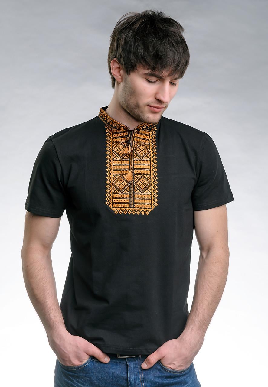 Вишита футболка чоловіча Гладь Золотистий орнамент M Чорний