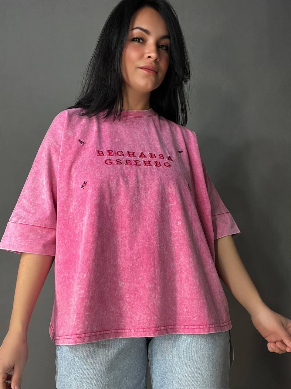 Футболка жіноча A-N 26028 тай-дай оверсайз з вишивкою XL Рожевий