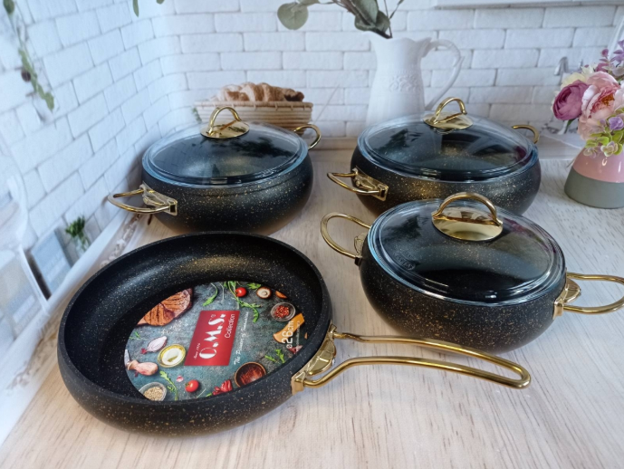 Набір посуду зі сковородою OMS з антипригарним покриттям 7 предметів Чорний/Золотий (3023-gold) - фото 5