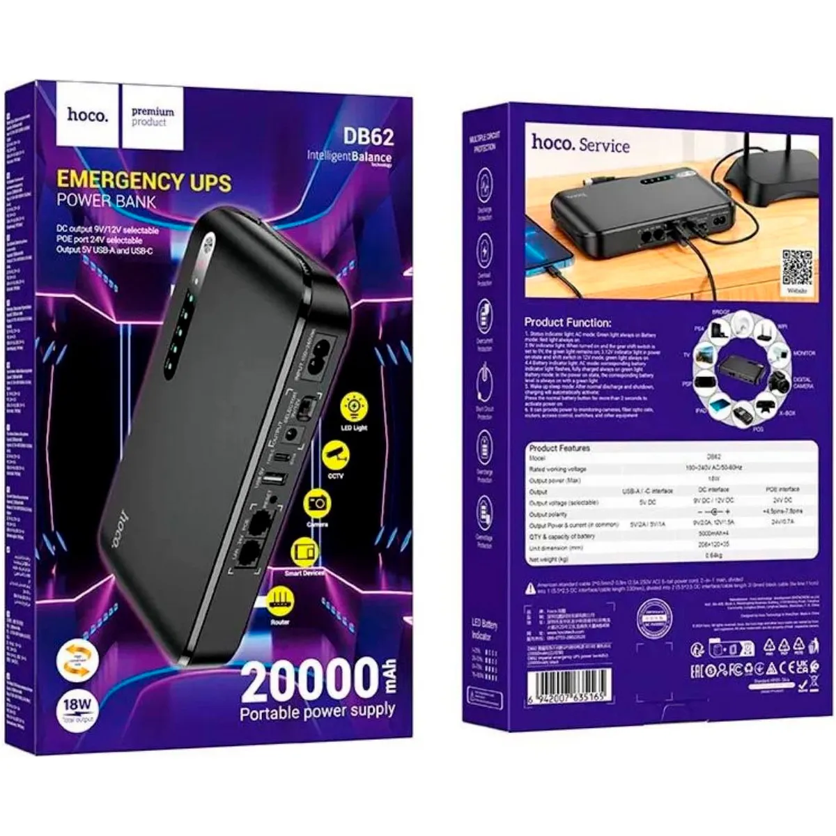 Батарея портативна UPS Hoco DB62 Emergency UPS 5-12V/18W 20000 mAh Black - фото 5 Батарея портативна UPS Hoco DB62 Emergency UPS 5-12V/18W 20000 mAh Black - фото 5