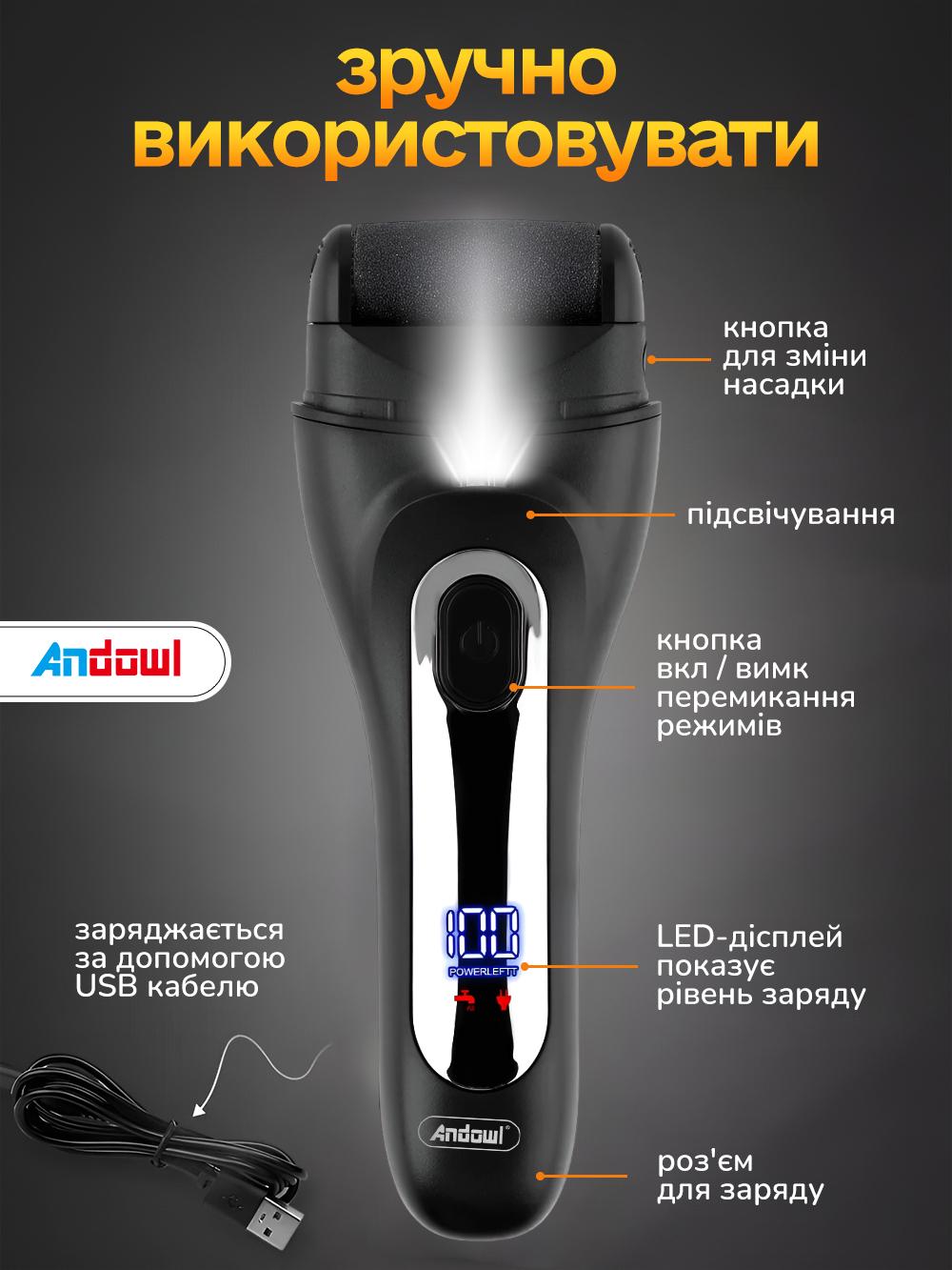 Електропилка Andowl для п'ят ніг та мозолів 1800 мАг c USB-зарядкою водонепроникна роликова Q-MJ918X1 Білий (0e99e6a9) - фото 4