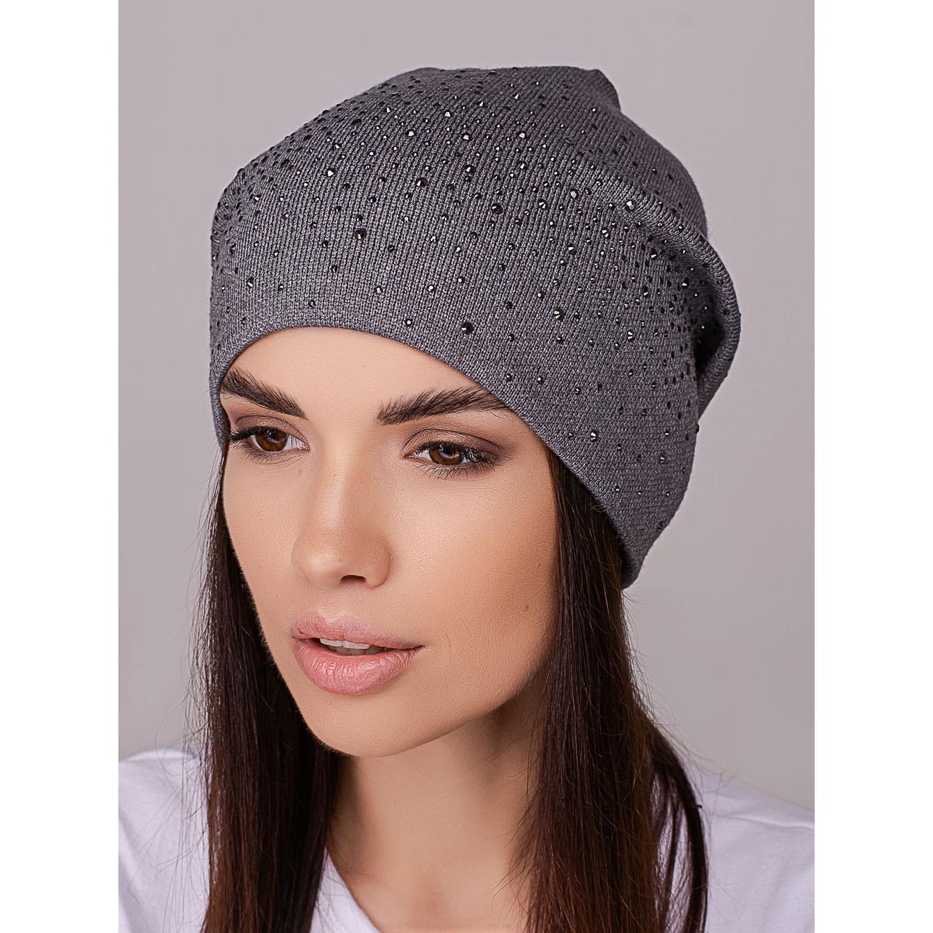 Шапка жіноча Leks ДЕНІМ з додаванням кашеміру ззаду счіплена утеплена флісом та прикрашена стразами one size Темно-Сірий (215334)