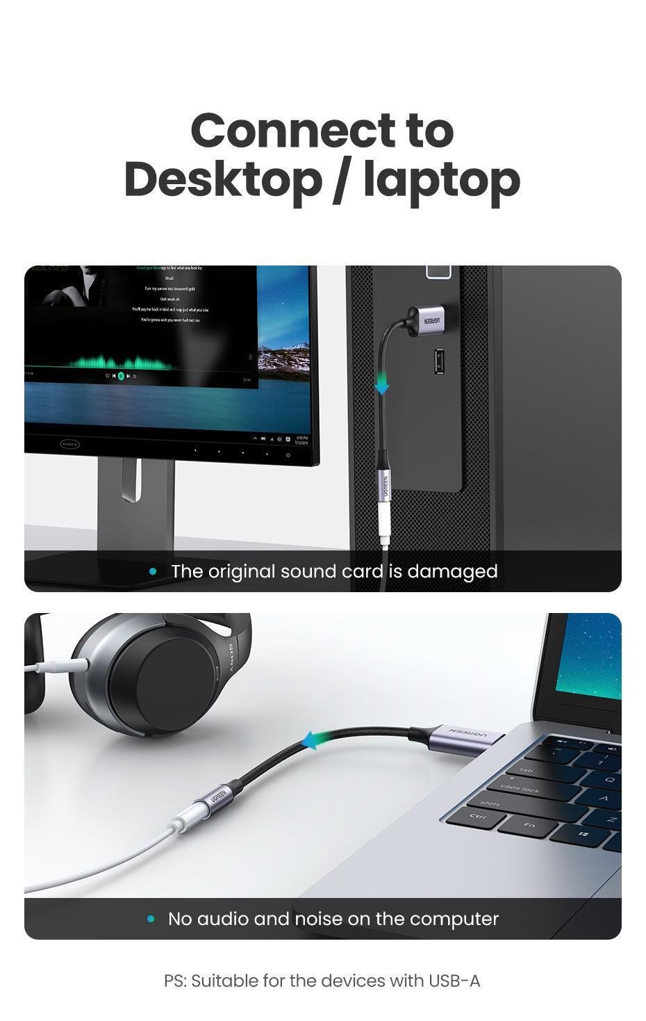 Звукова карта з підтримкою мікрофону UGREEN USB-3,5 мм minijack 24 біт/96 кГц TRRS AUX 4-піновий металевий Чорний (30757) - фото 6 Звукова карта з підтримкою мікрофону UGREEN USB-3,5 мм minijack 24 біт/96 кГц TRRS AUX 4-піновий металевий Чорний (30757) - фото 6