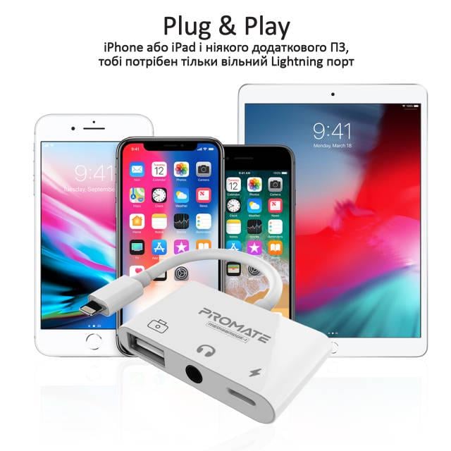 Адаптер Promate MediaBridge-i Lightning/USB 3.0 OTG AUX 3,5 мм 10Вт Lightning-in White - фото 6