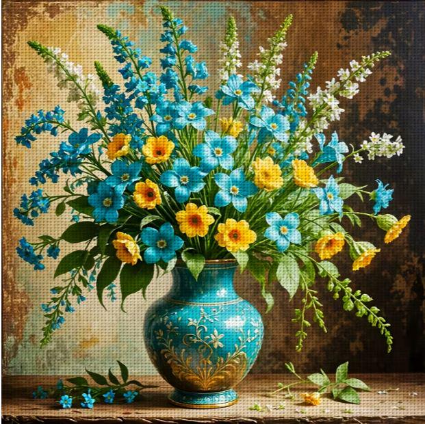 Набор для вышивки крестом JOZYSH Цветочный букет в бирюзовой весе 14CT канва Аида с нанесенным рисунком 40х40 см (2969063173)